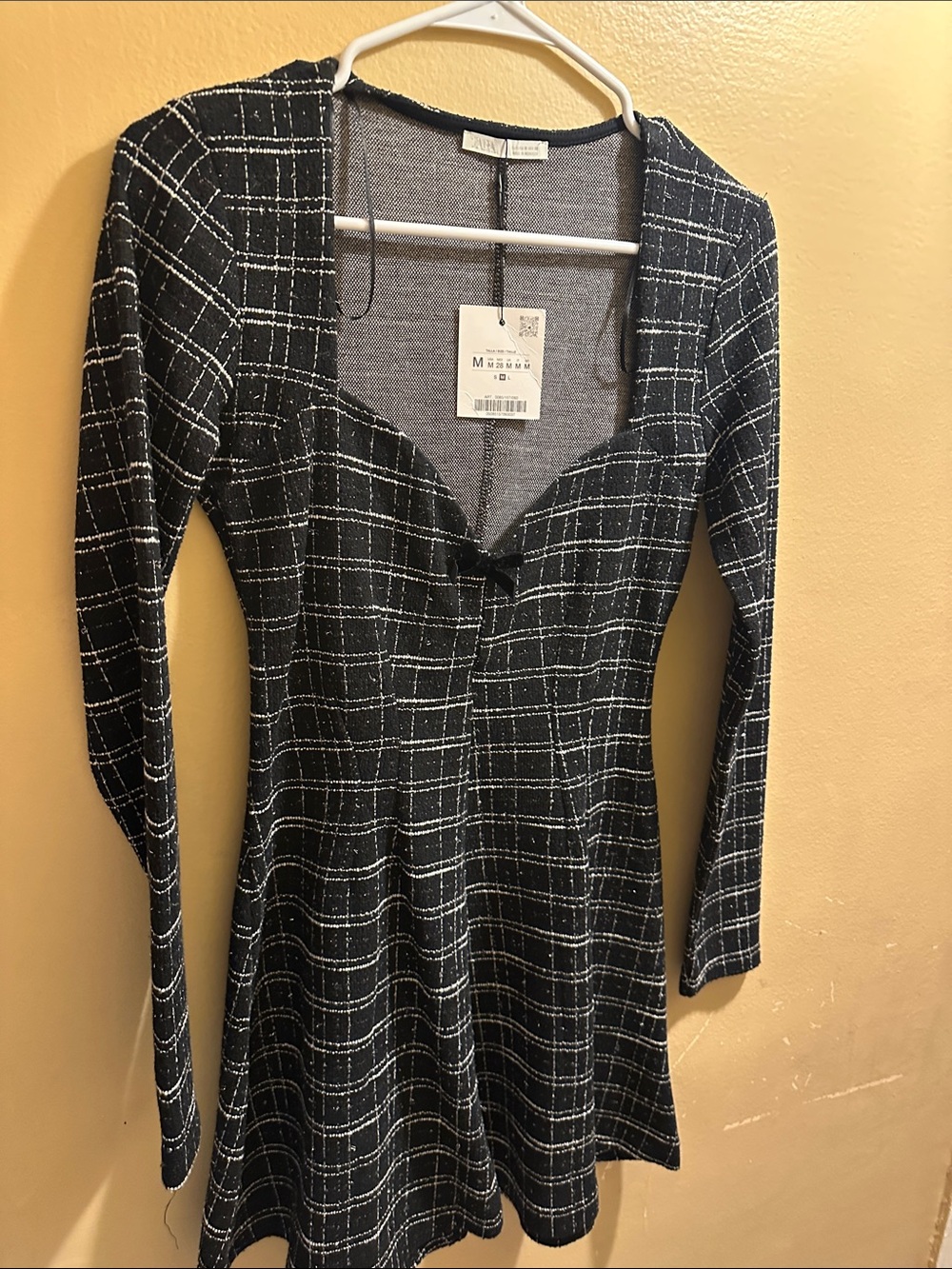 Zara Black & White Plaid Long-Sleeve Fit-and-Flare Dress
